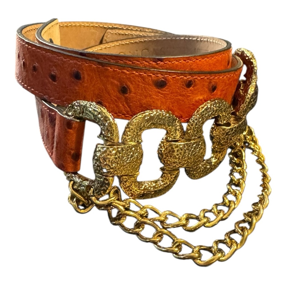 Vtg Doncaster‎ Gold Statement Belt M Ostrich Leather Made in Italy - Picture 3 of 12